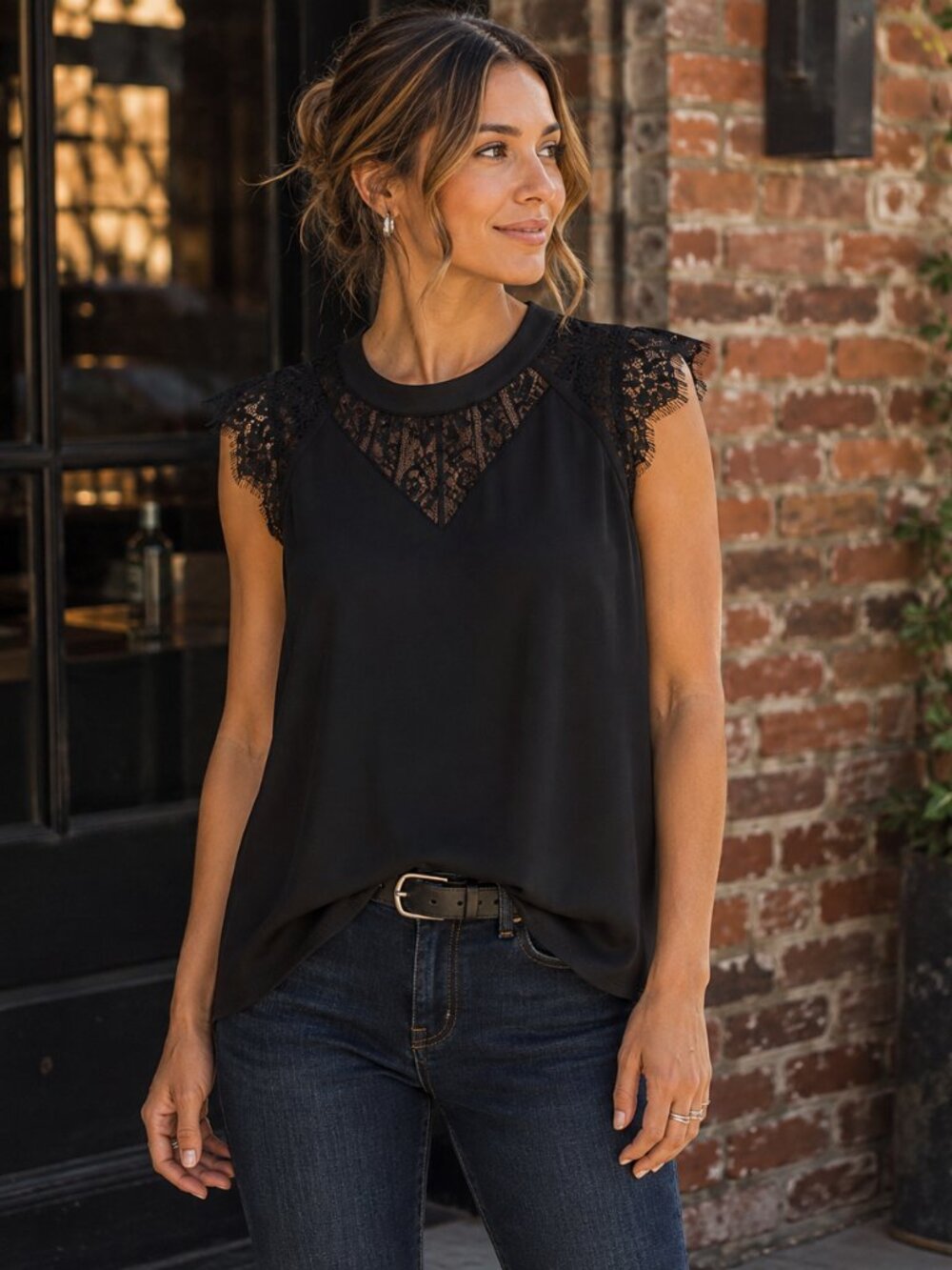 41 Hawthorn Jarred Lace Blouse | Small Petite | Sheer Yoke Cap Sleeve